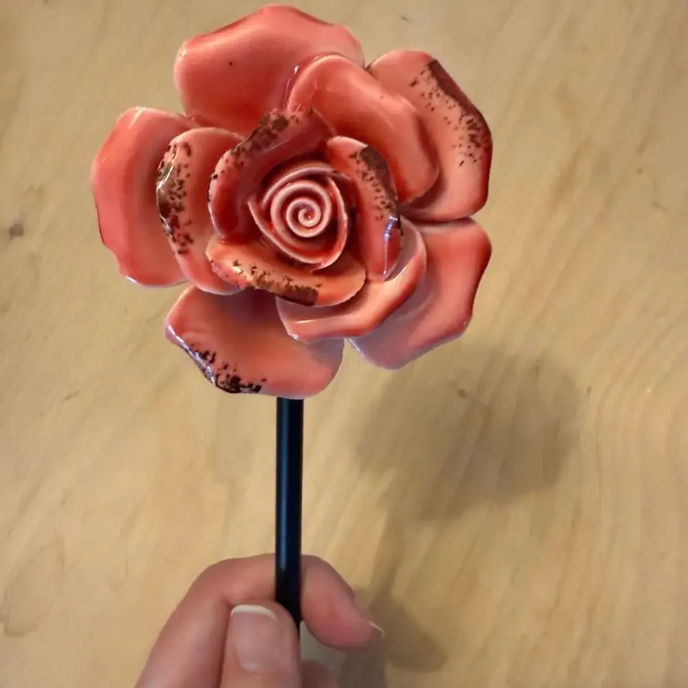 Ceramic Pink Rose Flower Wall Hook with Black Metal J-Hook